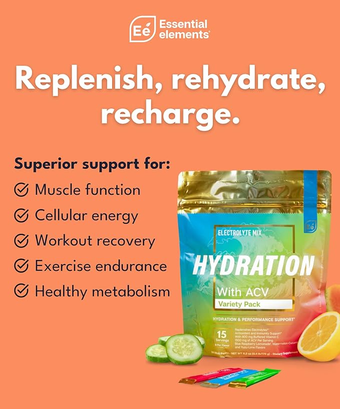 Essential Elements Hydration Packets - Variety Pack - Sugar Free Electrolytes Powder Packets - 15