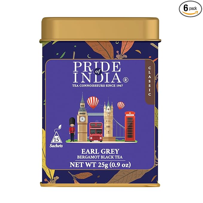 Pride of India | PACK of 6 - Earl Grey Bergamot Black Tea | 15 Pyramid Full Leaf Individually