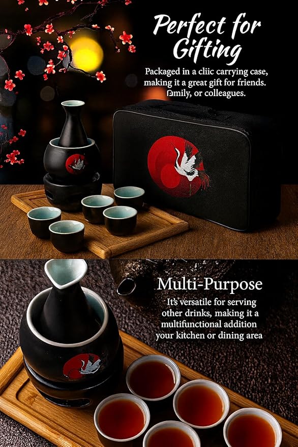 Japanese Sake Cup Set with 6 Ceramic Cups, 1 Ceramic Sake Bottle, 1 Ceramic Sake Warmer, Bamboo