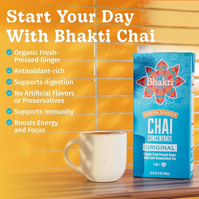 Bhakti Chai Tea Concentrate | Original, Organic Fresh Ginger, Black Tea, Sweetened, Spiced