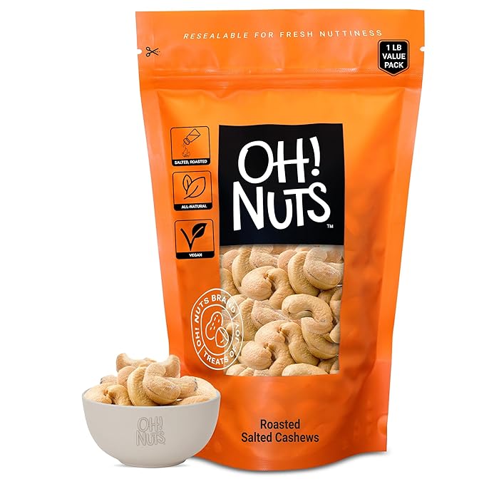 Oh! Nuts Cashews Roasted Salted - 1 lb - Oven Dry Roasted Cashews - Packed in New York Zip-Seal Bag