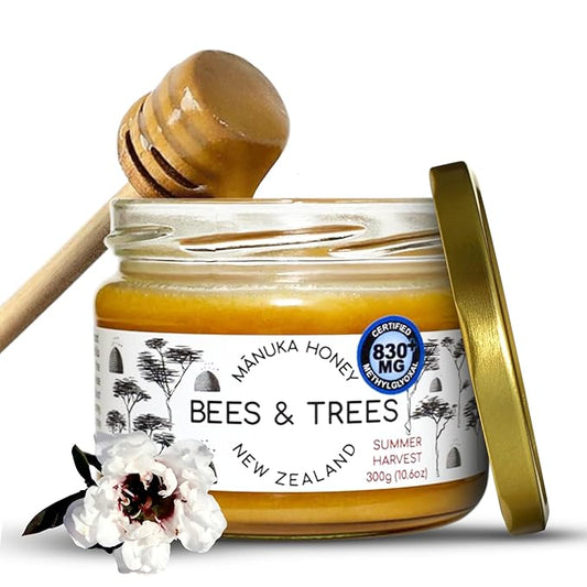 Bees & Trees Manuka Honey 830+ MGO – Pure New Zealand Raw Monofloral Honey – Unpasteurized &