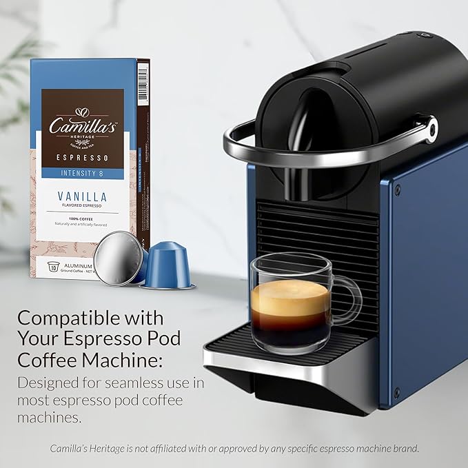 Camilla’s Heritage - Intensity 8 Vanilla Flavored Espresso Coffee, Gourmet Espresso Cups, 60 Coffee