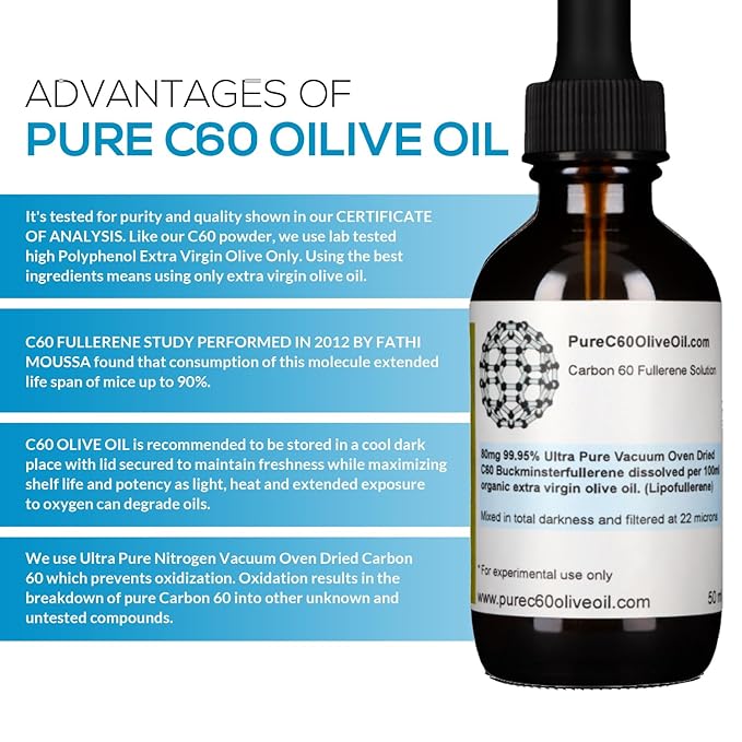 PureC60OliveOil C60 Olive Oil 50ml / 1.7 Fl Oz - 99.95% Carbon 60 Solvent Free 40mg - Amber Glass