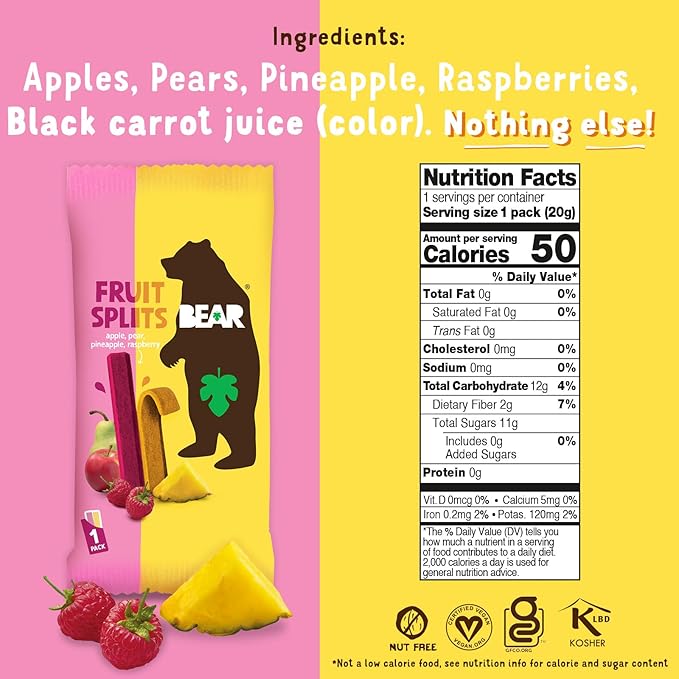 BEAR Real Fruit Snack Splits - Gluten Free, Vegan, and Non-GMO - Raspberry and Pineapple ??Healthy