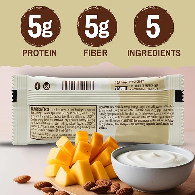 ToYou Chewy Fruit and Nut Bars - Healthy Protein Snacks | Mango Yogurt - 1.41 Ounce (Pack of 12) |