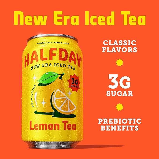 HALFDAY Prebiotic Iced Tea Peach & Lemon Variety Pack, Supports Digestive & Gut Health, 6g Plant