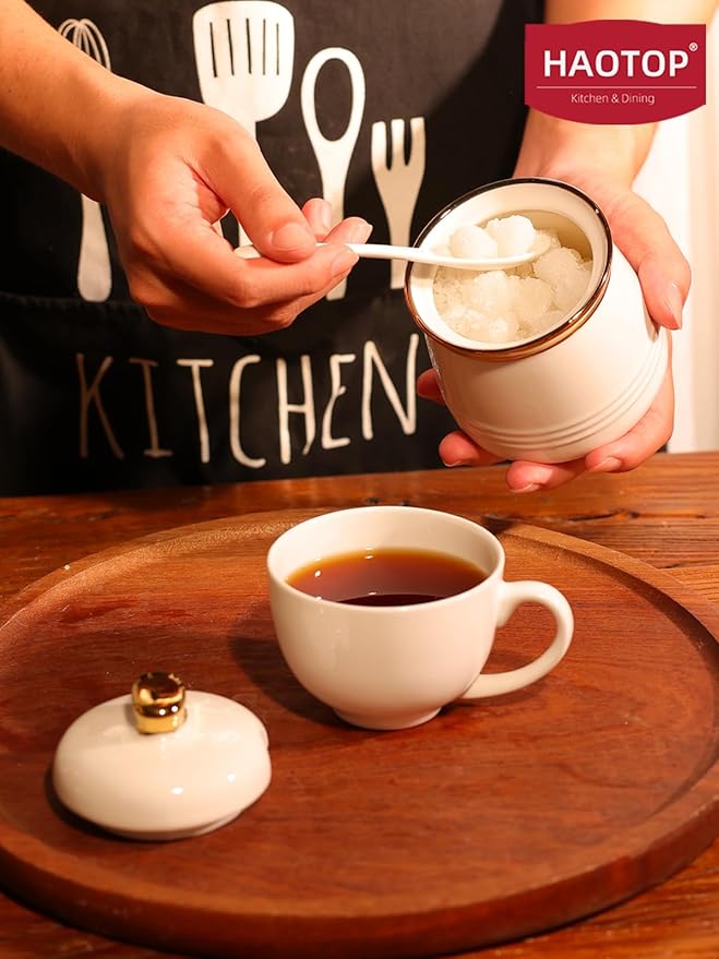 HAOTOP 12oz Sugar Bowl with Lid and Spoon,Simple Ceramic Sugar Jar Sugar Container Sugar Dispenser