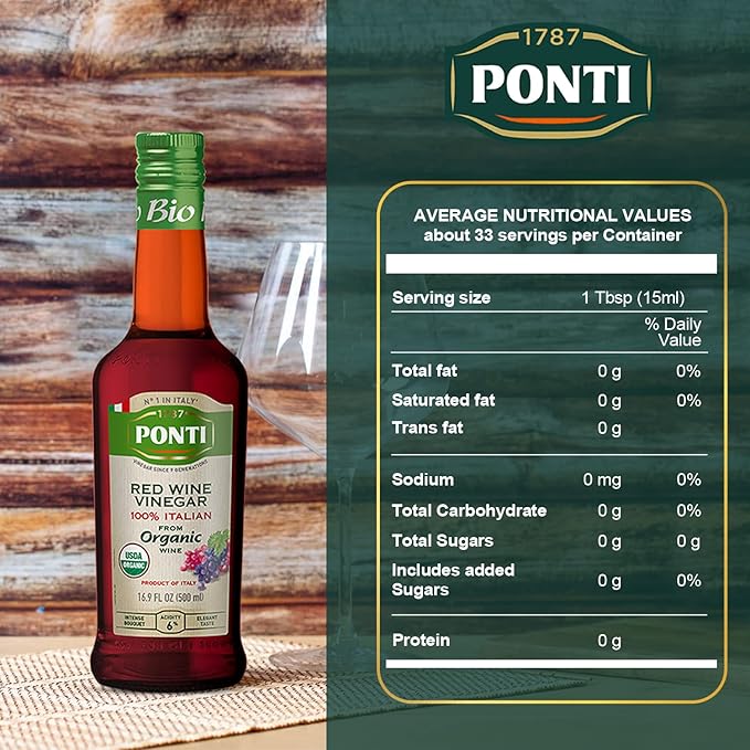 1787 PONTI Organic 100% Italian Red Wine Vinegar - Balanced Acidity and Harmonious Bouquets