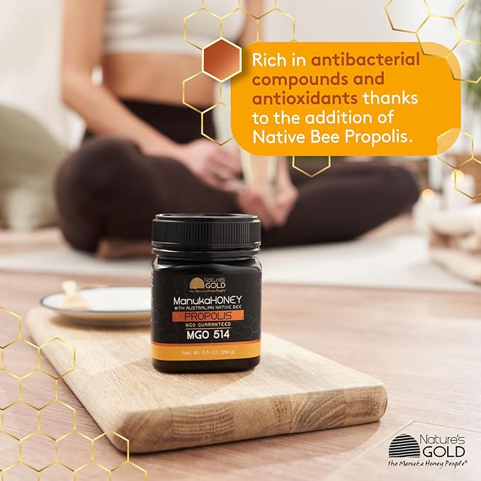 Nature’s Gold Raw Manuka Honey with Australian Native Bee Propolis, MGO 514+ | 8.8oz (250g), 100%