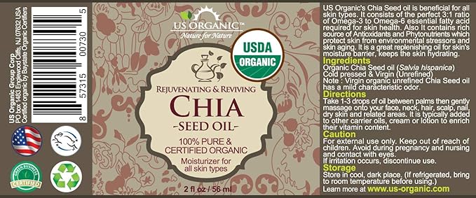 US Organic Chia Seed Oil, Certified Organic, Pure & Natural, Cold Pressed Virgin, Unrefined