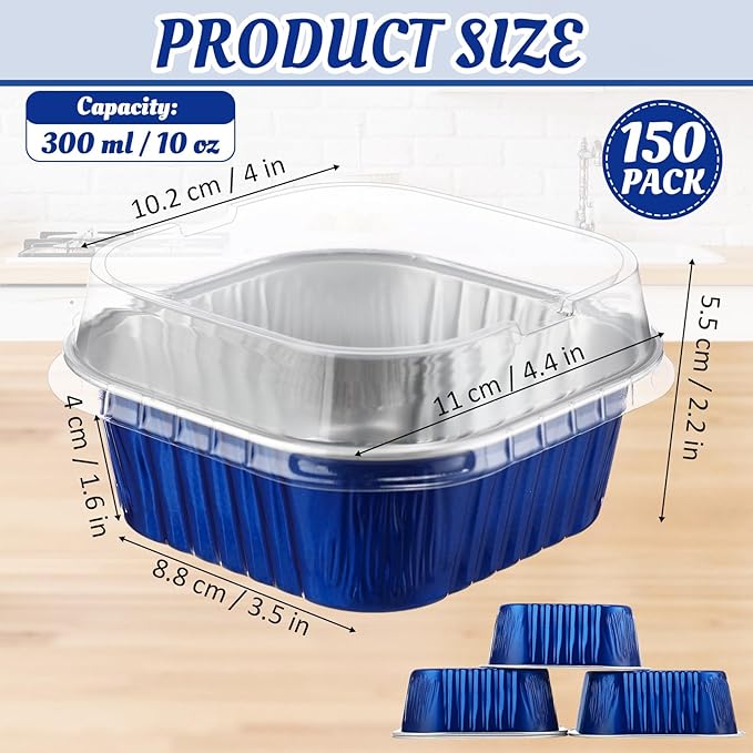 Aoriher 150 Pieces 10 oz Mini Cake Pans with Lids Aluminum Foil Baking Cups Square Disposable 4" x