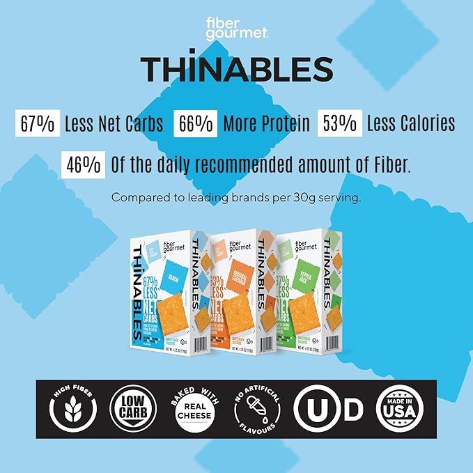 Fiber Gourmet Ranch Thinables Baked Cheese Crackers – Low Calorie, High Fiber Snack – 6g Net Carbs