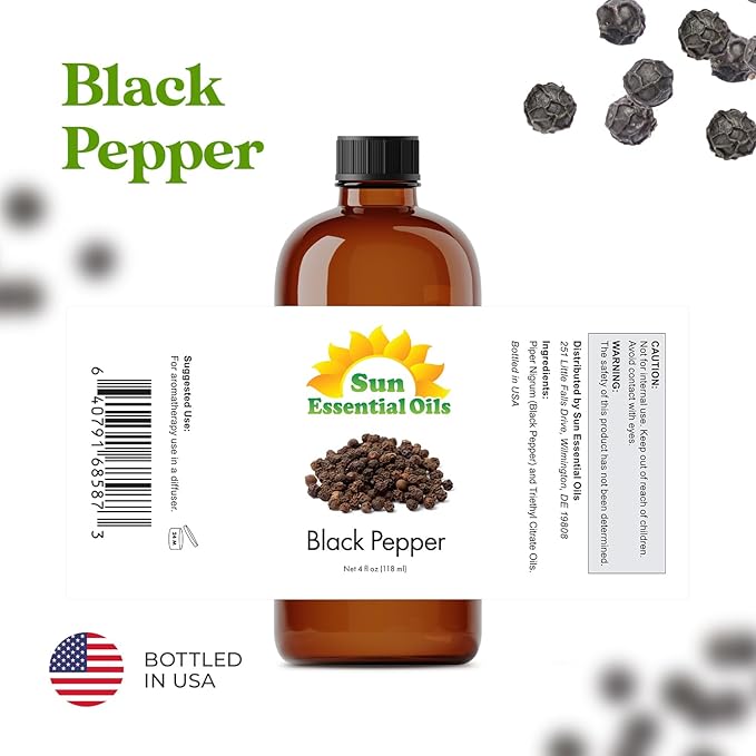 Sun Essential Oils - Black Pepper 4oz Bottle for Diffuser, Humidifier, Aromatherapy, Self and Home
