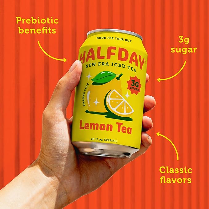HALFDAY Prebiotic Lemon Iced Tea Cans, Supports Digestive & Gut Health, 6g Plant Fiber &