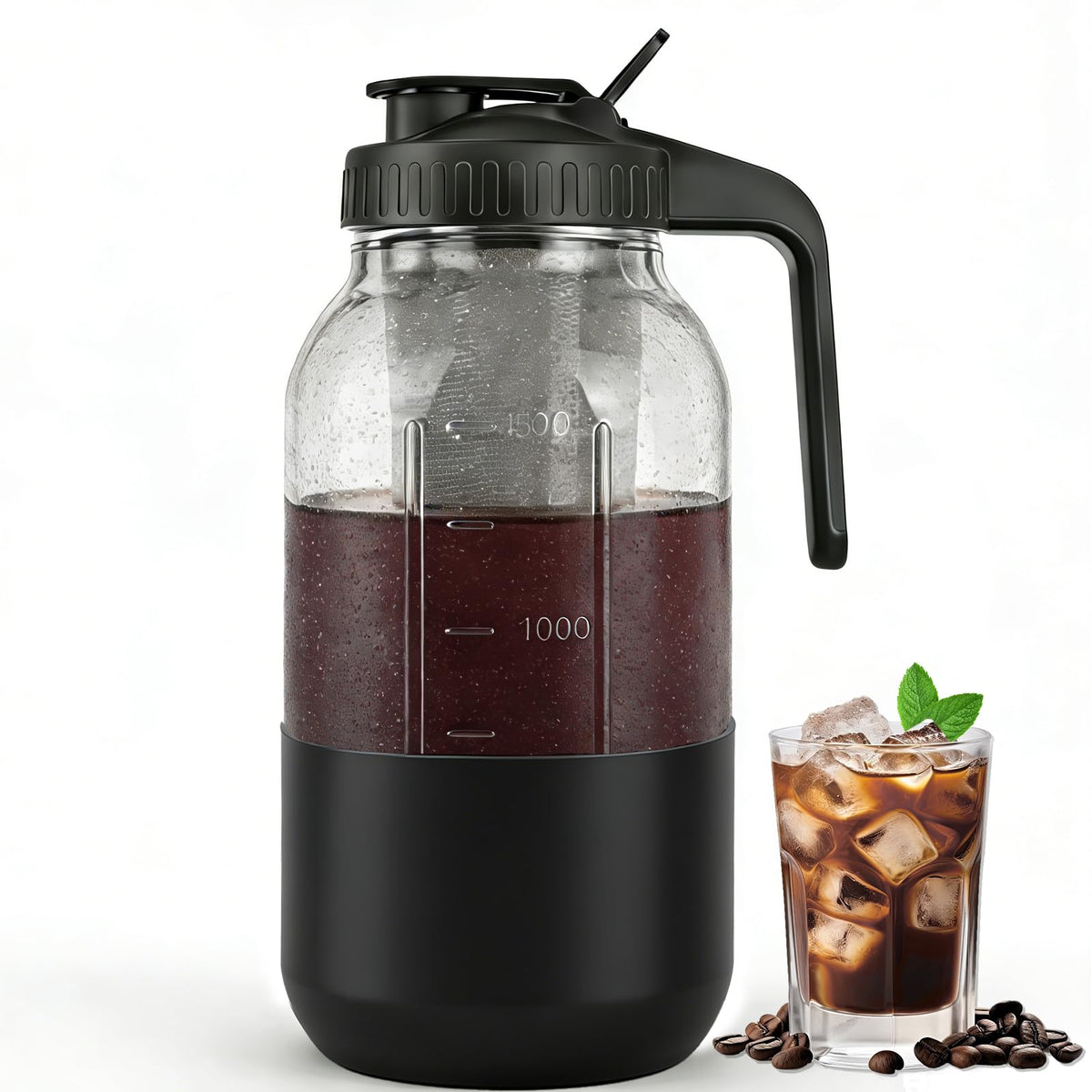 Cold Brew Coffee Maker, 64oz Mason Jar Pitcher with Stainless Steel Filter, Leak-Proof Lid with