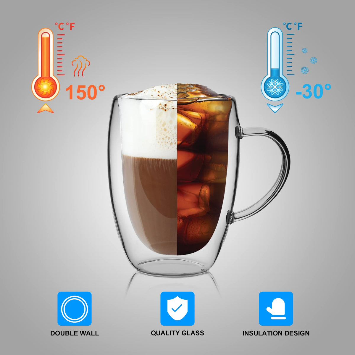LIBWYS 6 Pack Double Walled Coffee Cups Glasses Mug 12oz Borosilicate Glass