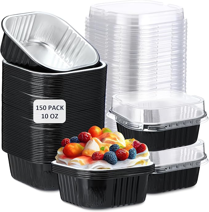 Aoriher 150 Pieces 10 oz Mini Cake Pans with Lids Aluminum Foil Baking Cups Square Disposable 4" x