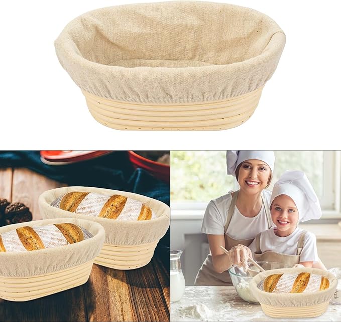 2 PCS 8 inch Oval Long Banneton Brotform Bread Dough Proofing Rising Rattan Basket & Liner for