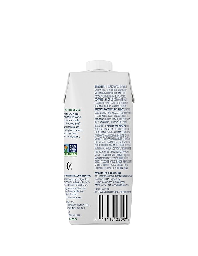 KATE FARMS Organic 1.4 High Calorie Nutrition Shake, Plain, 20g Protein, 27 Vitamins and Minerals