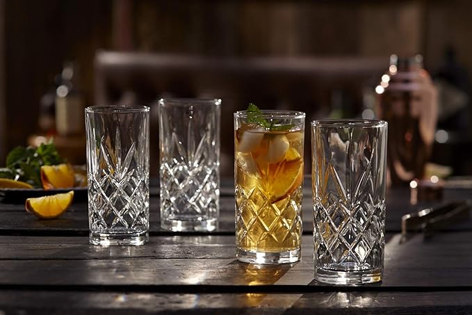 Royalty Art Kinsley Tall Highball Glasses Set of 8, 12 Ounce Cups, Textured Designer Glassware for