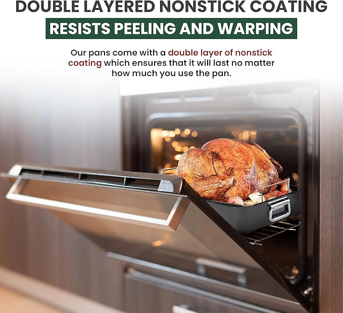 Large Roasting Pan With Rack 12” X 16” - Non Stick Large Roaster Pan and Flat Rack With Foldable