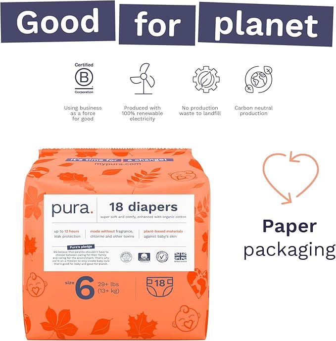 Pura Size 6 Eco-Friendly Diapers (29+ lbs) Totally Chlorine Free (TCF),Hypoallergenic, Soft Organic