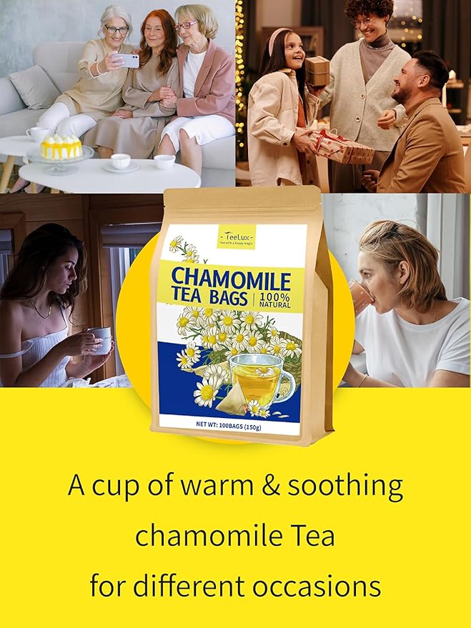 TeeLux Chamomile Tea Bags, 1.5g/bag, Pure Natural Chamomile Flowers Herbal Tea, Caffeine Free, 100