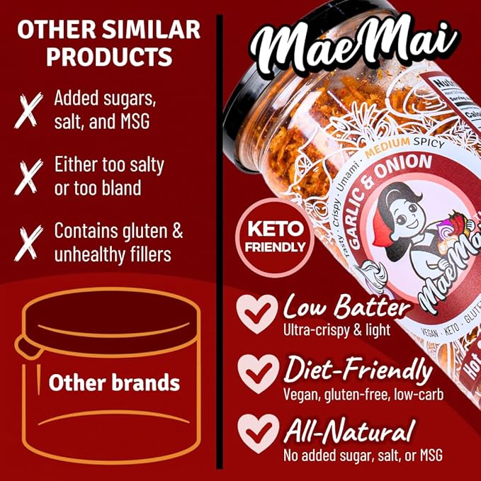 MaeMai Chili Crisp (MEDIUM HOT Spice) - Crunchy Spicy Onion & Garlic Flakes - All-Purpose