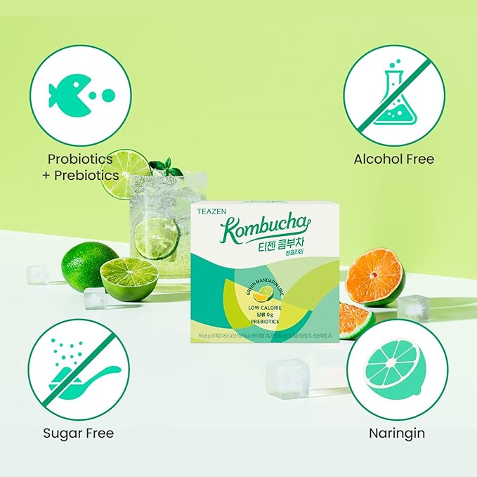 TEAZEN Green Mandarin Lime Kombucha Tea, Hydration Drink Mix, Sugar Free, Live Probiotics &