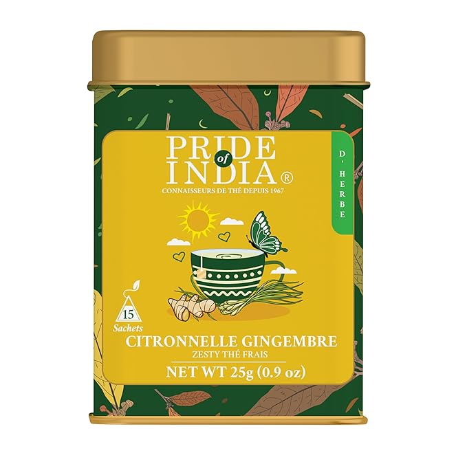 Pride of India | Lemongrass Ginger Zesty Fresh Tea | 15 Pyramid Full Leaf Individually Wrapped Tea