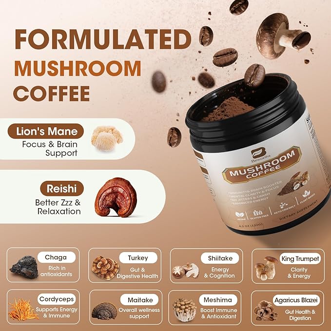 B BEWORTHS 2Pack Mushroom Coffee Powder with MCT Oil - 10 Mushroom Lion's Mane, Turkey Tail