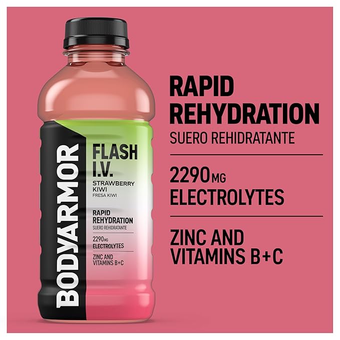 BODYARMOR Flash I.V. Electrolyte Beverage, Strawberry Kiwi, Hydration Drink with Coconut Water For