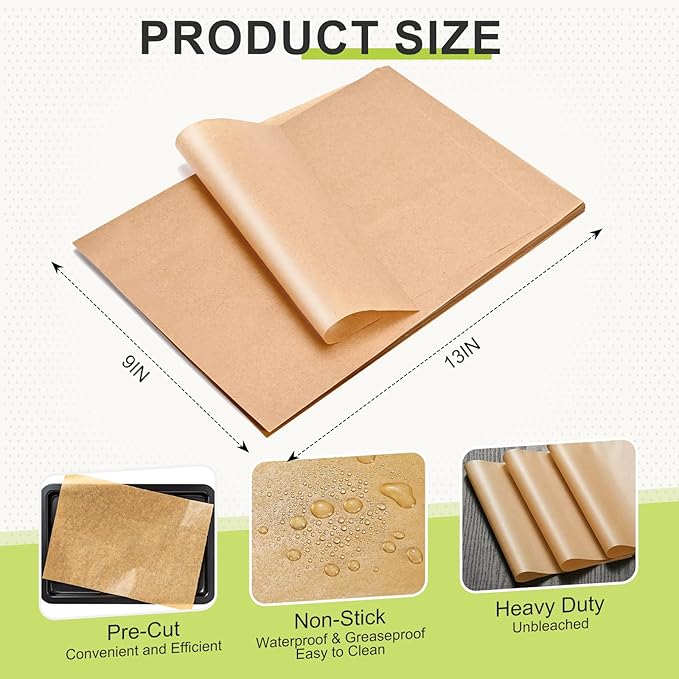 9 x 13 IN Parchment Paper for Baking, 200 Pre-cut Non-stick Brown Parchment Paper, Versatile Sheets