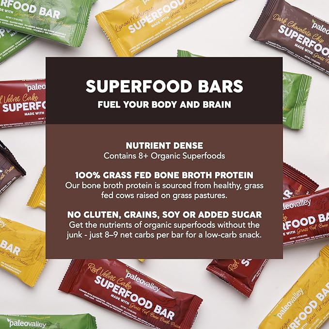 Paleovalley Superfood Bars – Dark Chocolate Chip– 12 Pack – 9g Protein per Bar – Gluten-Free