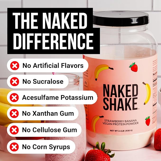 NAKED Shake - Vegan Protein Powder, Strawberry Banana - Flavored Plant Based Protein with Mct Oil