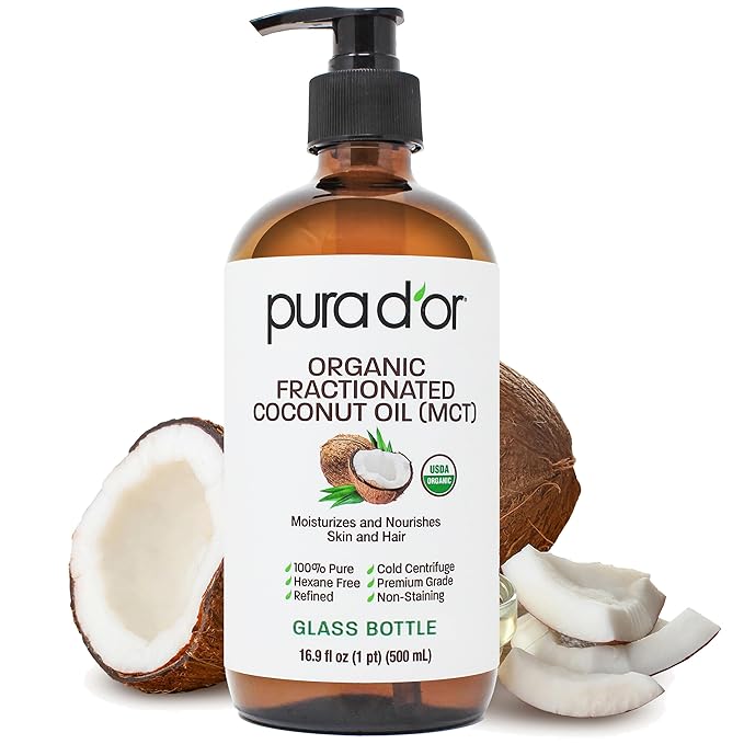 PURA D'OR 16.9 Oz ORGANIC Fractionated Coconut Oil MCT Oil (GLASS BOTTLE) 100% Pure & Natural USDA