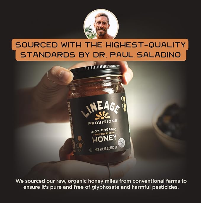Lineage Provisions 100% Organic Raw Unfiltered Honey – 3-Pack (18 oz Glass Jars) – Undetectable
