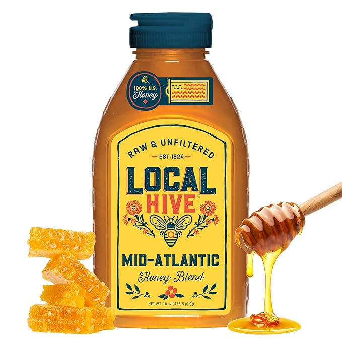 Local Hive Mid Atlantic Raw Unfiltered Honey – 16 oz, 100% Pure US Honey, Sourced from American