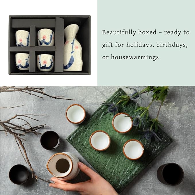 JapanBargain 4978, Japanese Porcelain Plum Sake Set Sake Carafe Bottle Sake Cups for Serving Hot