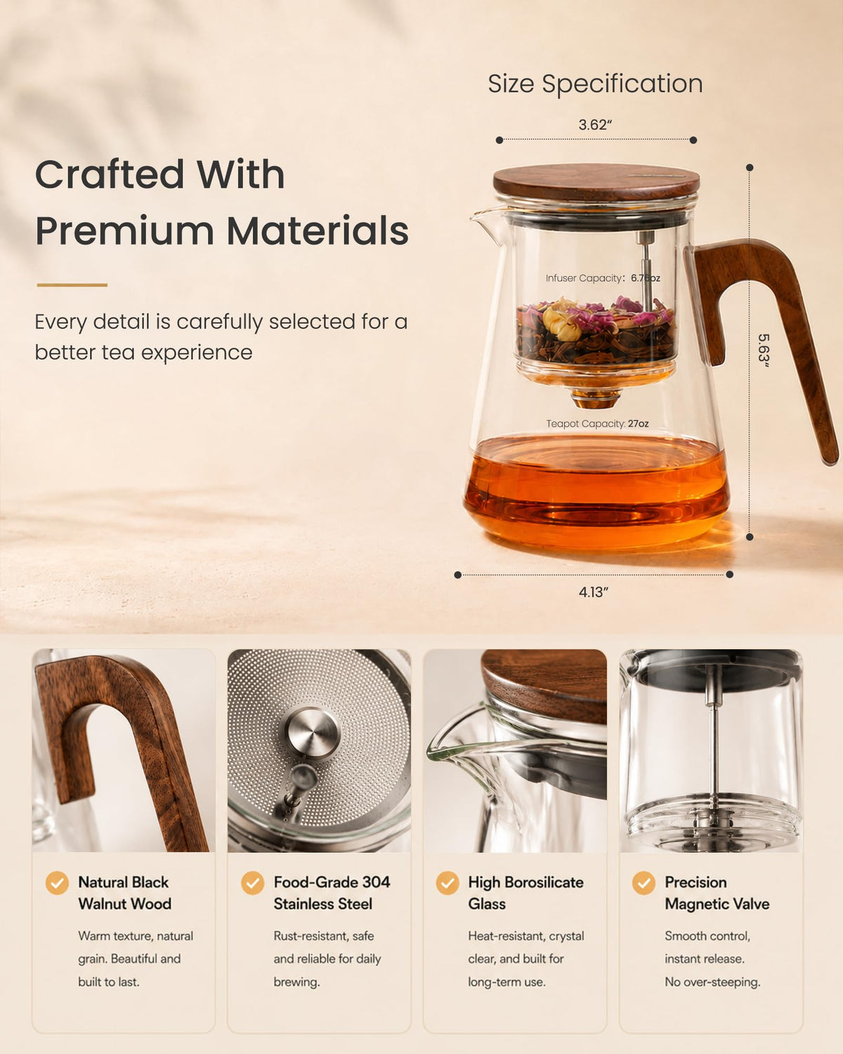 ZENS Magnetic Glass Infuser Teapot for Loose Tea, 27oz Walnut Wood Handle