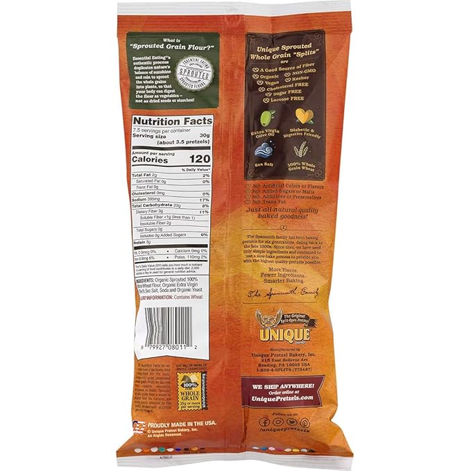 Unique Pretzels - Sprouted Splits Pretzels, Homestyle Baked, Certified OU Kosher and non-GMO, 8