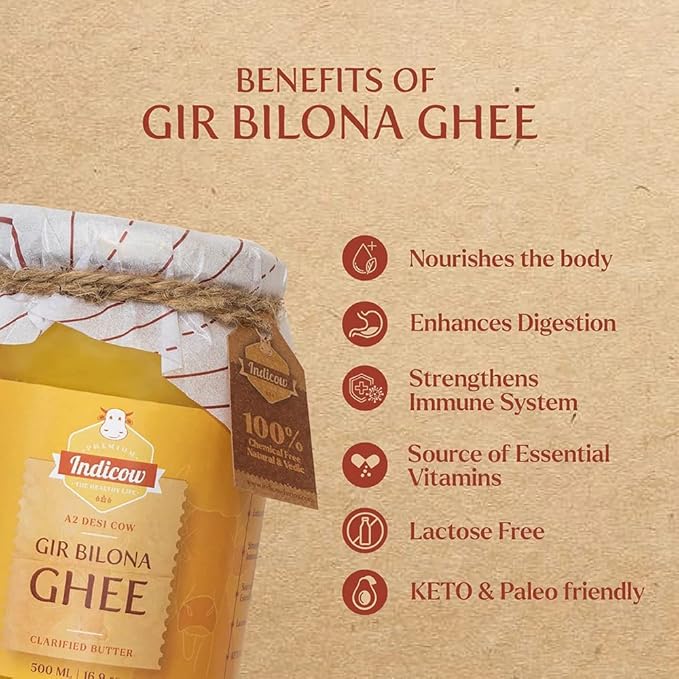 Indicow A2 Desi Cow Ghee, Clarified Butter | (500ml (16.91oz), Gir Cow Ghee) | Grass Fed, Pasture