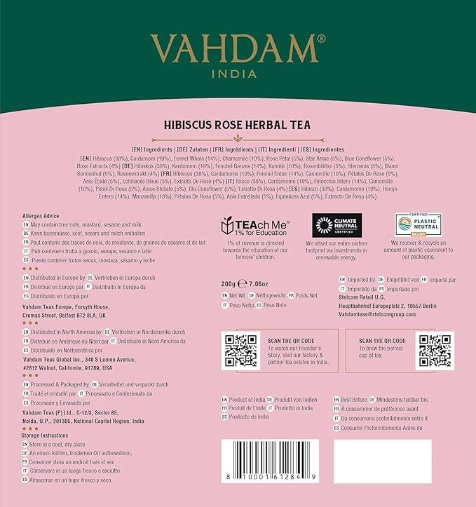 VAHDAM, Hibiscus Rose Tea Bags - 100% Whole Hibiscus Flowers Herbal Tea Bags (100 Count) With Rose