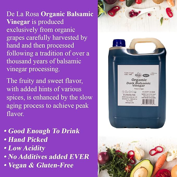 De La Rosa Organic Dark Balsamic Vinegar, Fruity & Juicy, Vegan, Kosher, Non-GMO & Gluten Free
