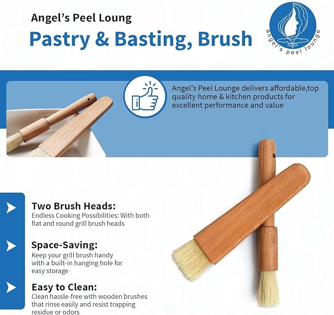 ANGEL’S PEEL LOUNGE Pastry Brush for Baking - Basting Brush with Wooden Handle Flat and Round Heads