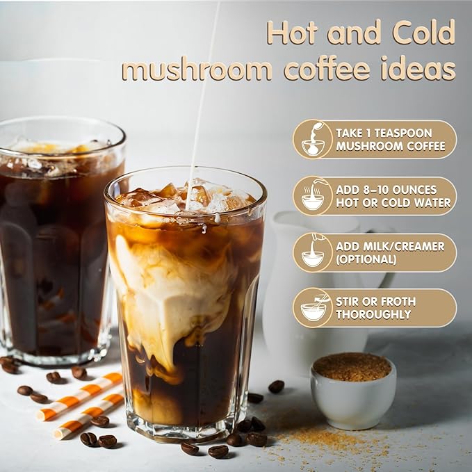 Mushroom Coffee, 6 Adaptogenic Mushrooms with Lion's Mane, Cordyceps, Turkey Tail & More, Instant