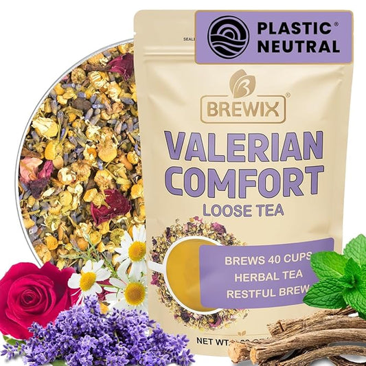 BREWIX, Valerian Comfort Tea for Sleep and Relaxation (40+ Cups, 2.82oz/80g) Caffeine-Free and