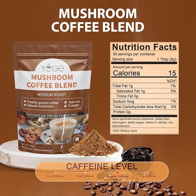 Mushroom Coffee, Organic 6 Mushrooms with Cordyceps, Reish, King Trumpet, Shitake, Turkey Tail