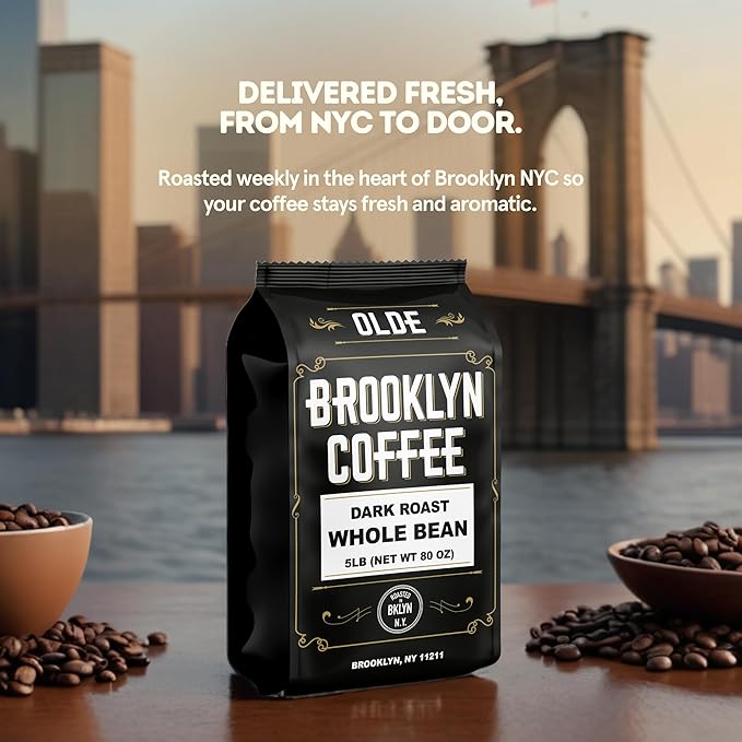 BROOKLYN COFFEE Whole Bean, Classic Dark Roast (5lb) Bold, Smooth Taste, Intense Aroma - Fresh Bulk